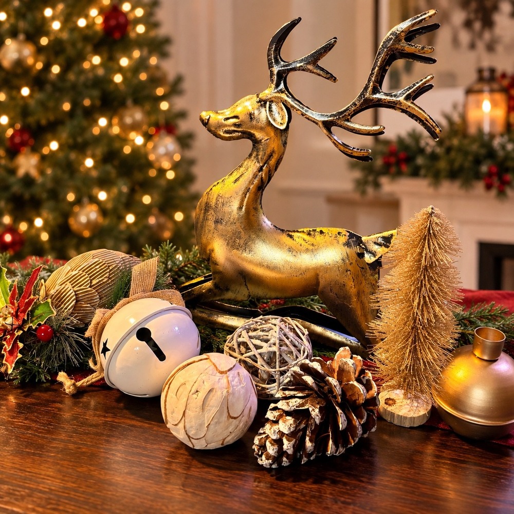 Gold Reindeer Christmas Decor Bundle 9pc Set Rustic Holiday Centerpiece Accents